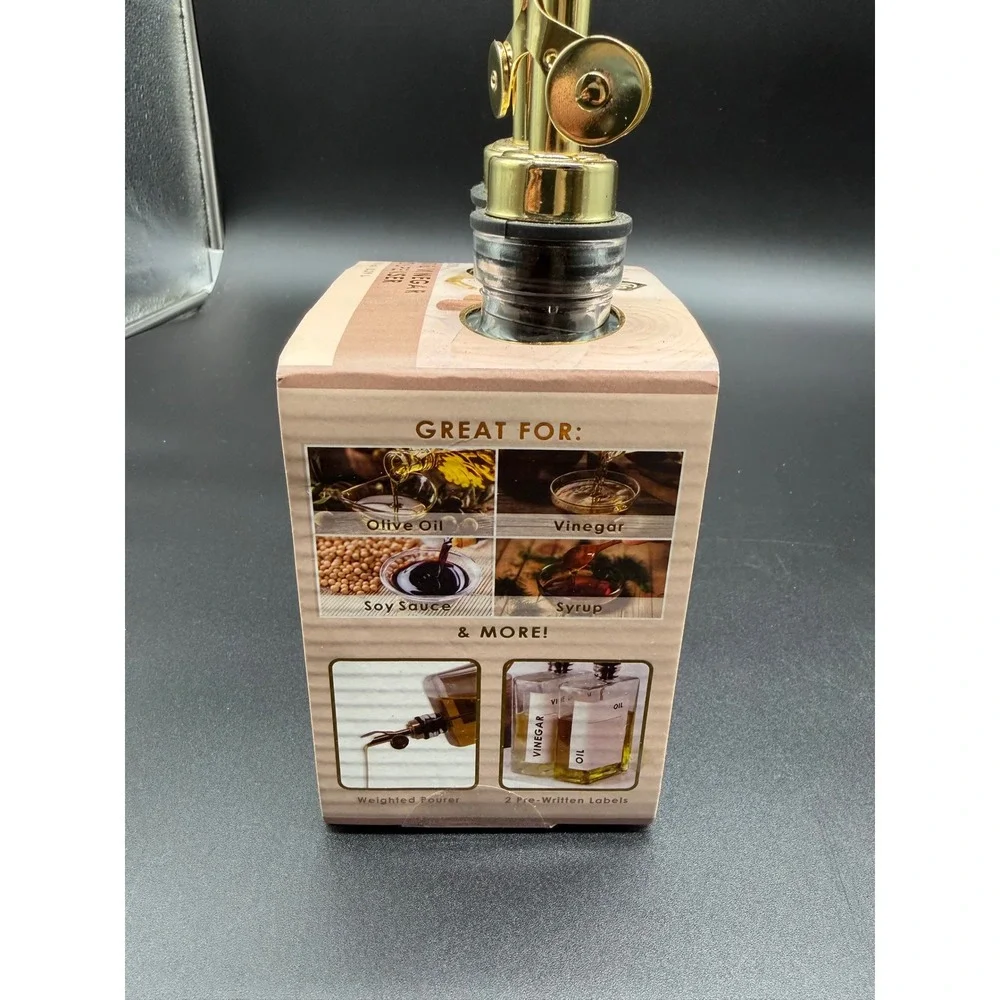 2 Pack Glass Oil and Vinegar Dispenser Set Gold Weighted Pourers 10.1oz Clear
